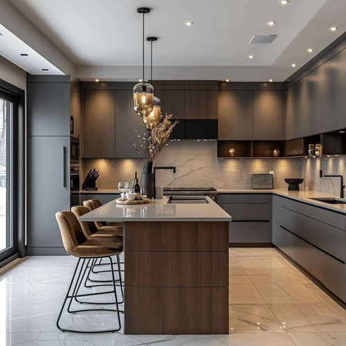 Custom Solid Wood Modular Modern Kitchen Cabinet Set with Quartz Island and Melamine Finished Plywood Particleboard