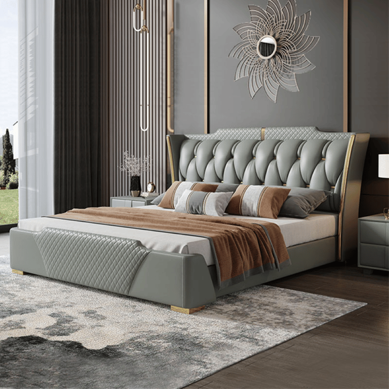 Modern Luxury Geometric Tufted Leather Bed with Gold Trim
