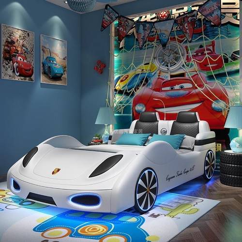 A luxury children's bed designed with a Porsche car in mind, upholstered in premium leather