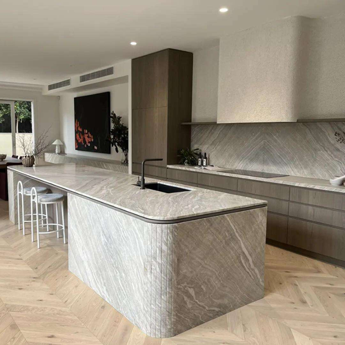 Solid Oak Kitchen Cabinet Set with Hand Painted Wood Customized Design and Color Includes Marble Countertops and Dining Faucet