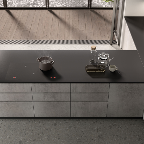 Modern and minimalist home kitchen furniture units, made from compressed wood panels, including a kitchen cabinet, sink, faucet, hinges, and drawer basket for apartments.
