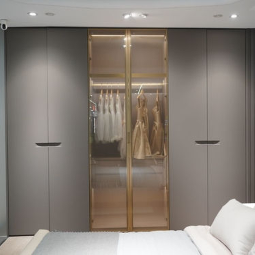 French Style Gray Custom Bedroom Wardrobe With Glass Door Recessed Handles