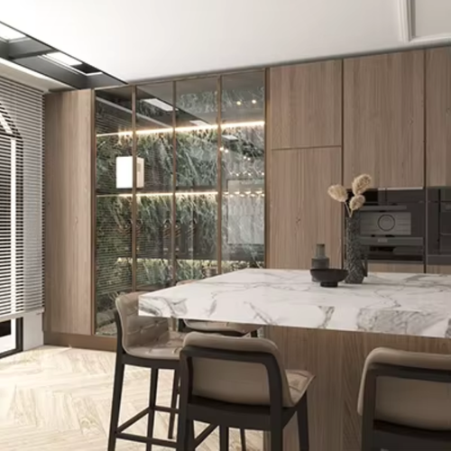 Customized Modern European Design Solid Walnut Wood Modular Kitchen Cabinets Hinge Stainless Steel Carcase Luxury Dining Faucet