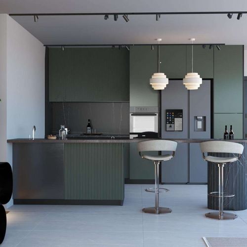 خزانة مطبخ عصرية مصممة حسب الطلب مع حوض، مصنوعة من ألواح الميلامين، مناسبة للاستخدام في غرف الطعام والشقق.