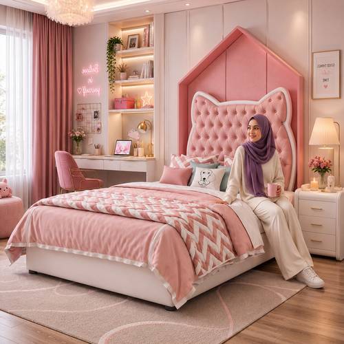 Modern Kids Cute Cat-Ear Tufted Capitone Upholstered Bed