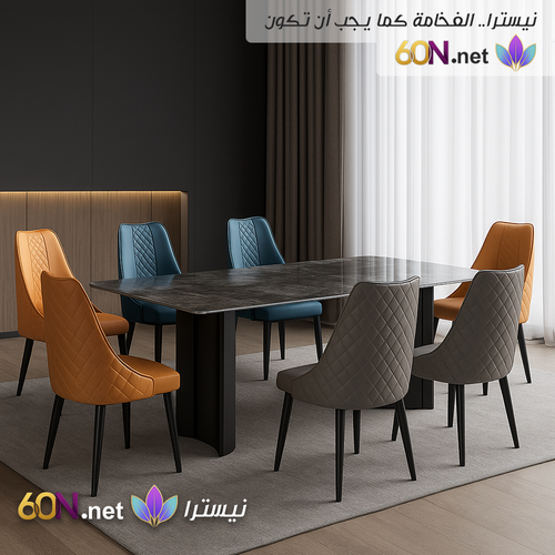 طاولة طعام فاخرة بتصميم رخامي عصري وتشطيب أسود ذهبي