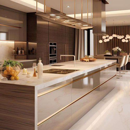 مطبخ فيلا معياري احترافي مصمم حسب الطلب، جزيرة مطبخ بتصميم صناعي حديث، لوح ميلامين، صنبور، سطح من حجر الكوارتز