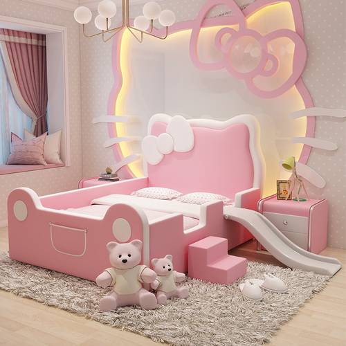Cute Pink Cat Character Upholstered Girls Bed with White Bow