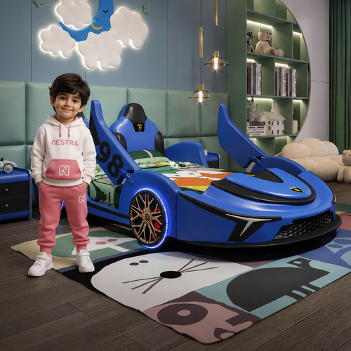 Luxury Sports Race Car Kids Bed with Hydraulic Side-Opening Door & Storage Frame