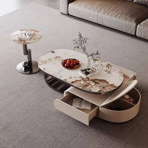Luxury Modern Coffee Table with Storage Drawers and Stone Top