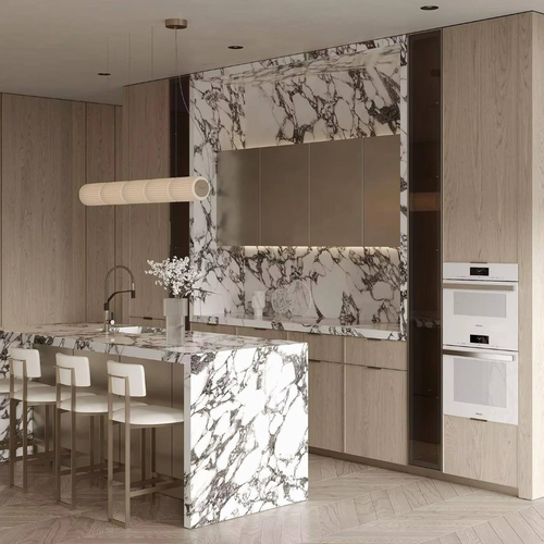 مشروع سكني: خزائن مطبخ معيارية، قشرة خشبية صلبة، تصميم عصري، جزيرة مطبخ ذكية، صنبور للشقة