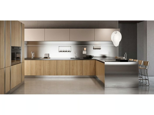 Modern Design Modular Metal Custom 304 Stainless Steel Solid Wood Acrylic Kitchen Cabinets with Wood Door Panel Sink and Faucet