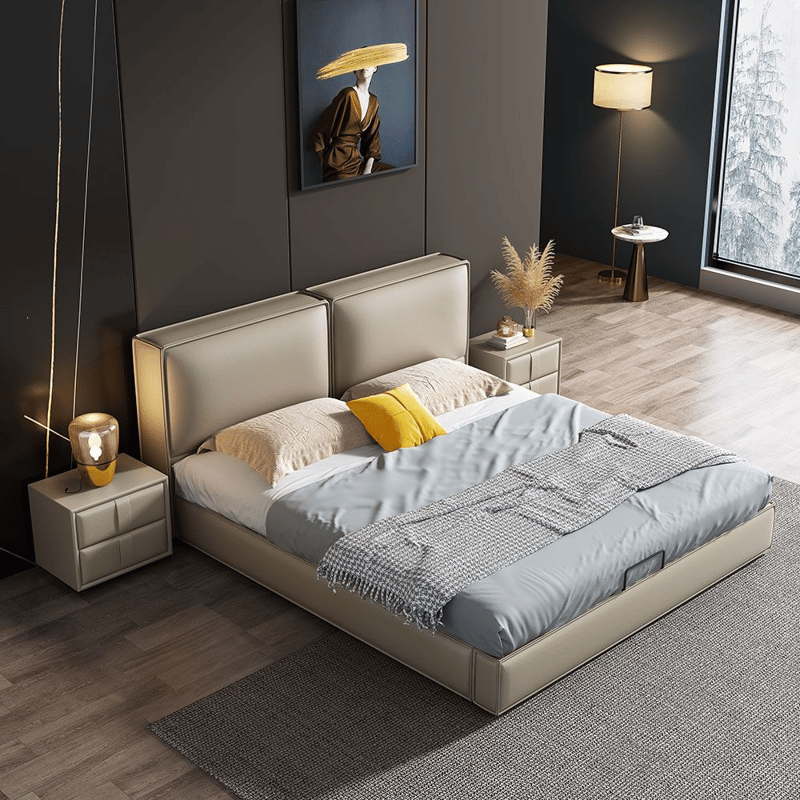 سرير ماستر من الجلد الطبيعي بتصميم وسائدي مزدوج معاصر