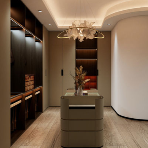 Modern Customized Wood Grain Walk in Closet With Shoes Rack Design