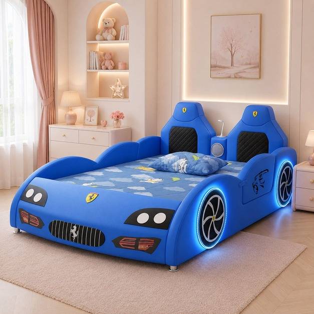 سرير أطفال مودرن بتتصميم سيارة سباق رياضية بأجنحة جانبية