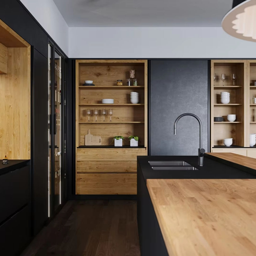 European Modern Kitchen Cabinets with Acrylic Door Panel and Melamine Board Carcase Waterproof Faucet Accessories