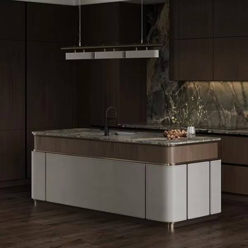 Modern Solid Wood Veneer Modular Kitchen Cabinet Set Acrylic Countertop Sink Faucet Hinge Drawer Basket for Apartment Dining Use