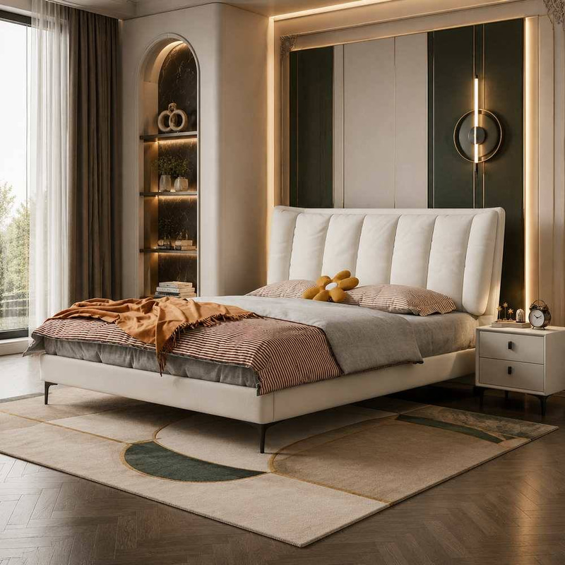 Premium Eco-Friendly Genuine Leather Modern Bed with Full Fluted Framework and Reinforced Frame