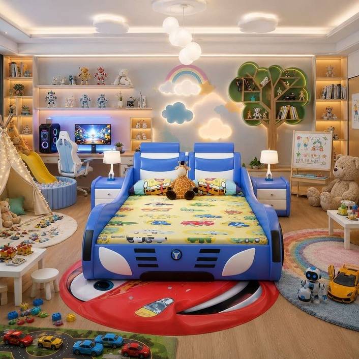 سرير أطفال مودرن بتصميم سيارة سباق كرتونية مبهجة