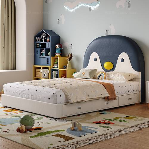 Modern Kids Cute Penguin Upholstered Bed with 3 Storage Drawers