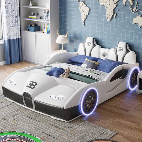 سرير أطفال ومراهقين مودرن بتصميم سيارة سباق رياضية فاخرة مبطنة بالجلد