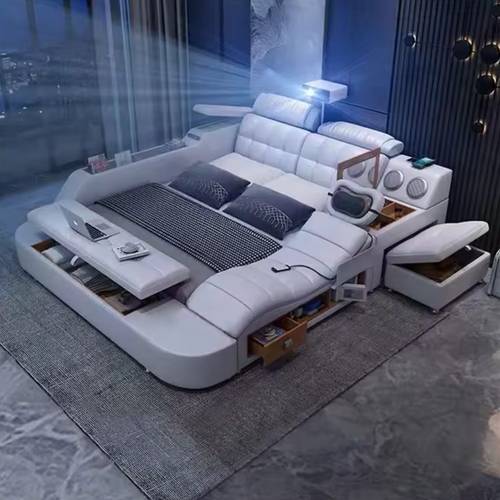 سرير فاخر متعدد الوظائف مع كرسي مساج، طاولة لابتوب، ونظام تخزين ذكي