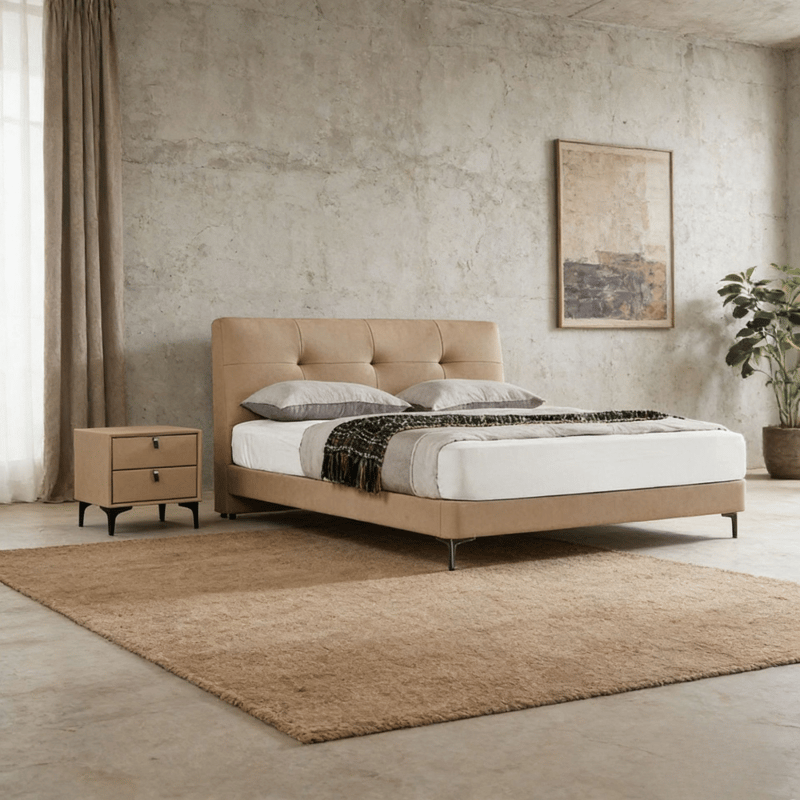سرير مزدوج بلون كاكي بتصميم إيطالي فاخر مع مسند رأس كابوتونيه - موديل