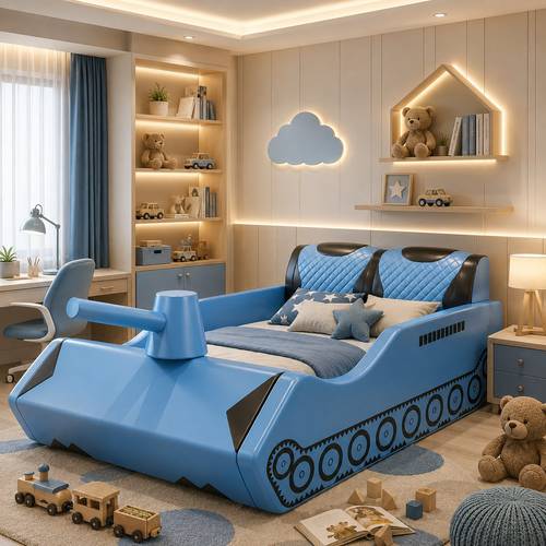 سرير أطفال ومراهقين مودرن بتصميم الدبابة العسكرية المبطن بالجلد