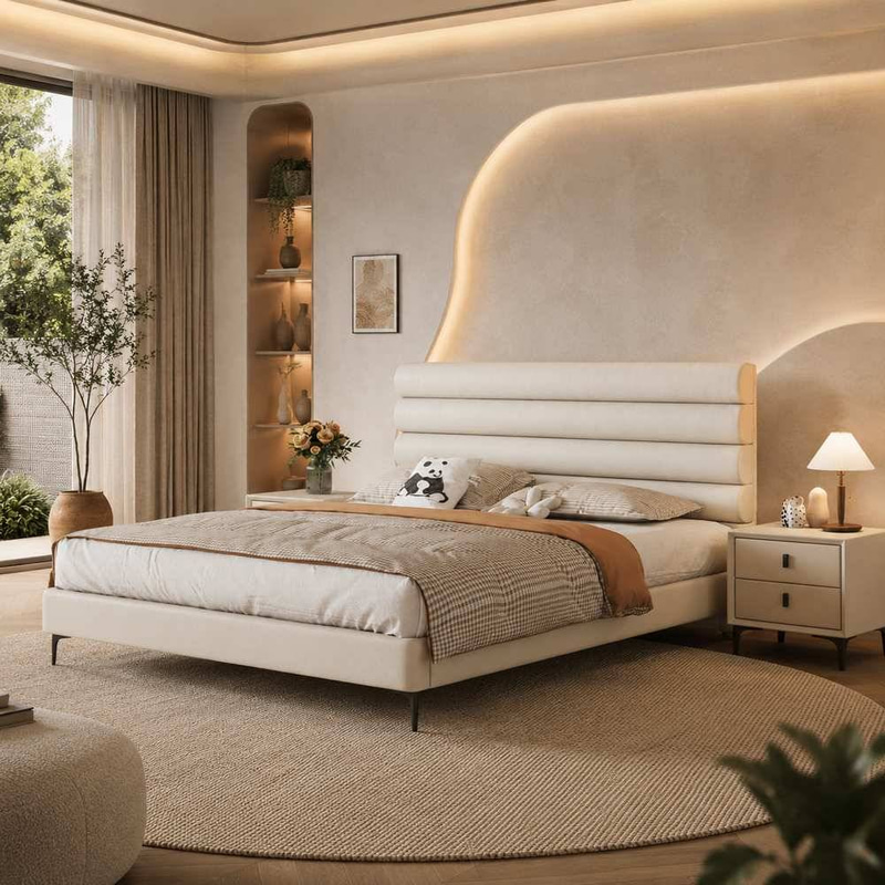 Premium Eco-Friendly Genuine Leather Modern Bed with Horizontal Tufted Headboard and Reinforced Frame