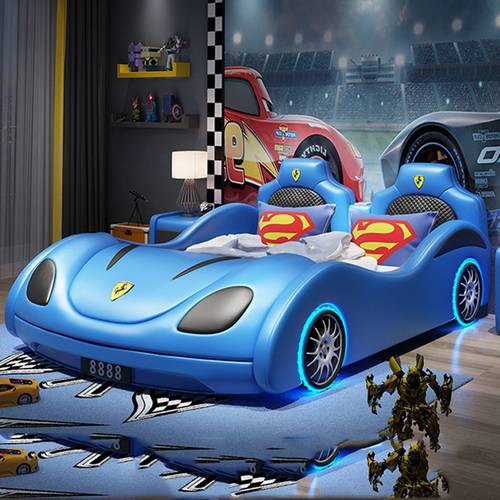 Blue Luxury Race Car Upholstered Kids Bed for Boys with Sporty Headboard