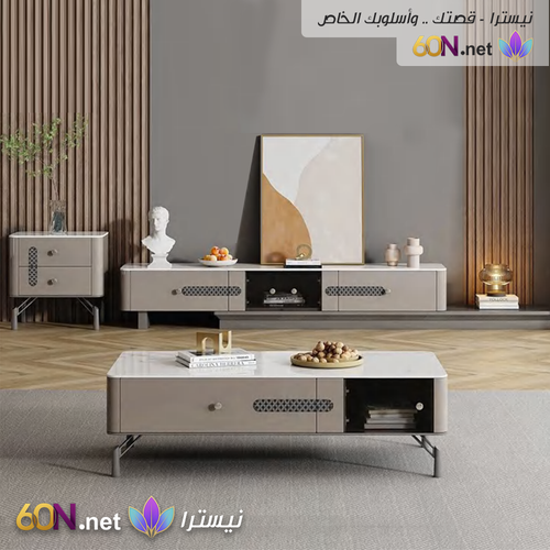 طقم طاولات معيشة فاخر بتشطيب أبيض ثلجي لامع