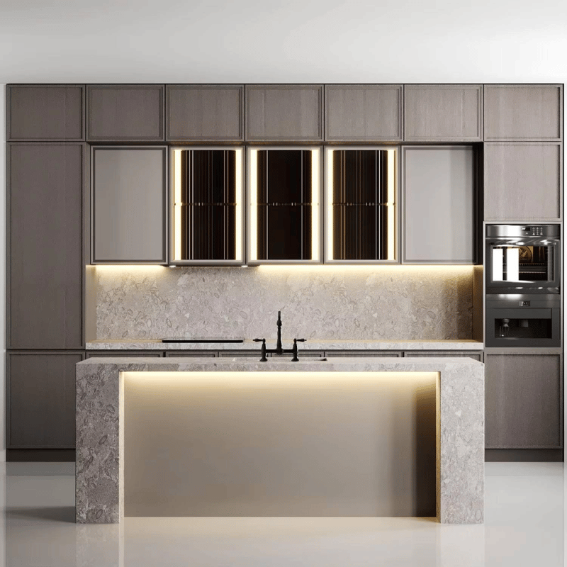 Modern Solid Wood Grain Custom Design Modular Eco-Friendly Kitchen Cabinets Sink Island Dining Faucet Drawer Basket Accessories