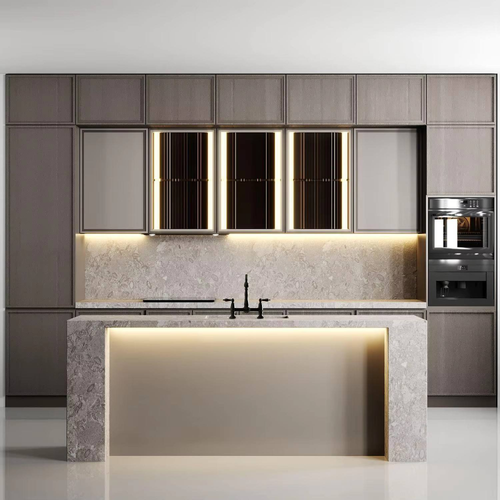 Modern Solid Wood Grain Custom Design Modular Eco-Friendly Kitchen Cabinets Sink Island Dining Faucet Drawer Basket Accessories