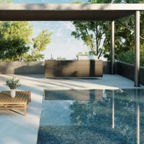 مطبخ خارجي بتصميم خشبي مُخصص، خزانة مطبخ خارجية مُعدّلة، مطبخ خارجي عصري، جزيرة شواء خارجية