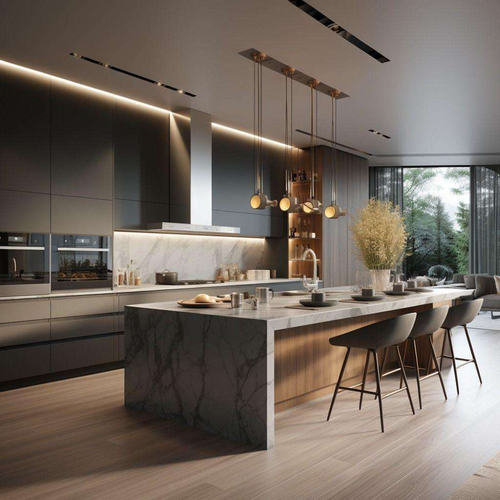 Professional Custom Modular Villa Kitchen Cabinet Island Modern Industrial Design Melamine Board Faucet Quartz Stone Countertop