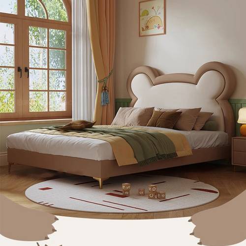 Modern Kids Cute Bear Ears Creamy Upholstered Platform Bed