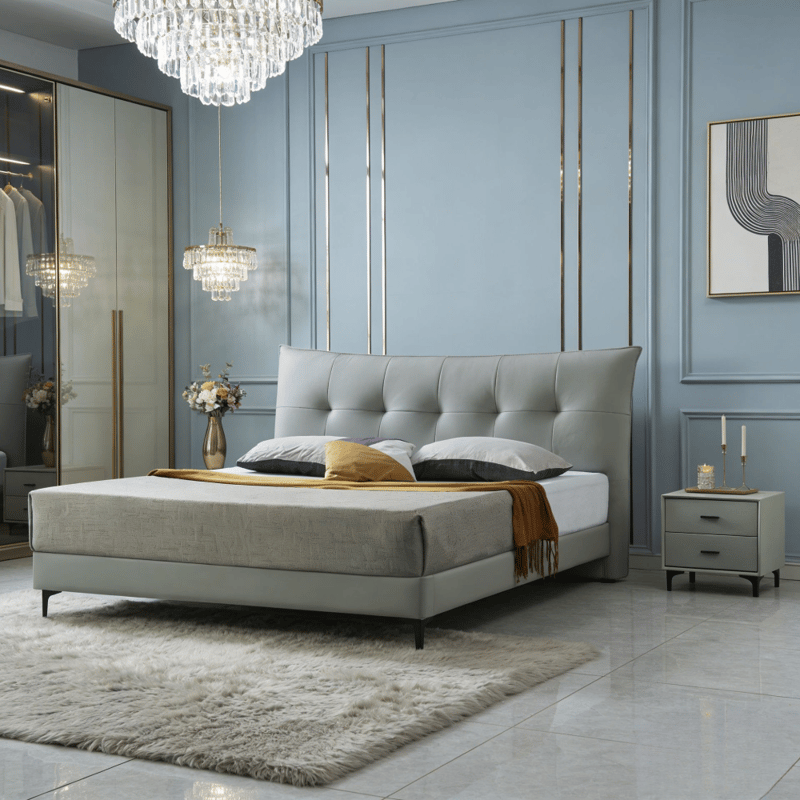 سرير مزدوج بتصميم إيطالي مبسط من الجلد الطبيعي مع مسند ظهر منحنٍ ومبطن - موديل