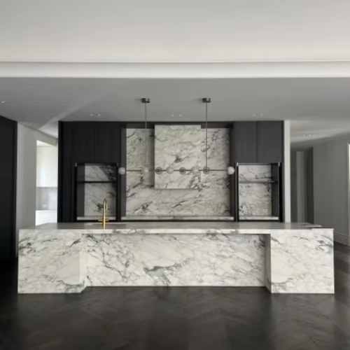 High-End Solid Wood Grain Finish Luxury Eco-Friendly Modern Modular Kitchen Cabinets Hinge Drawer Basket Quartz Mall Dining