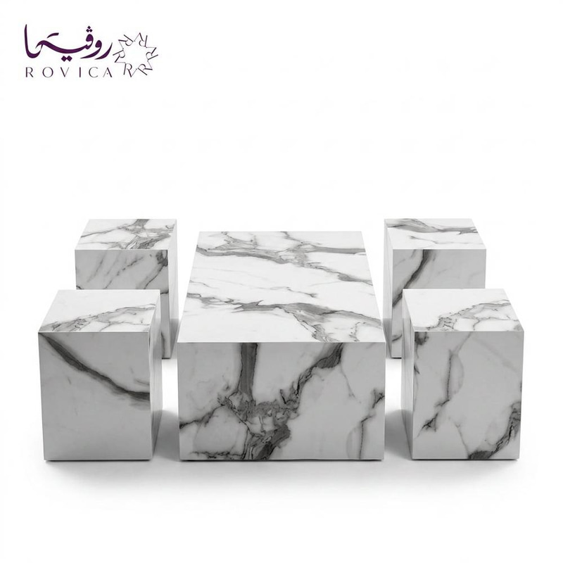طقم طاولات وسط وخدمة من بديل الرخام – أبيض بعروق رمادية  Rovica