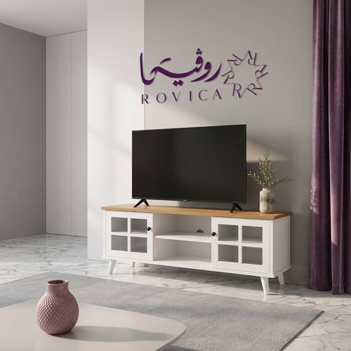 طاولة تلفزيون خشب MDF – أبيض مع سطح خشبي  Rovica