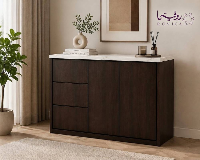 ركن قهوة وبوفيه خشبي بني بسطح  بتصميم رخامي  Rovica