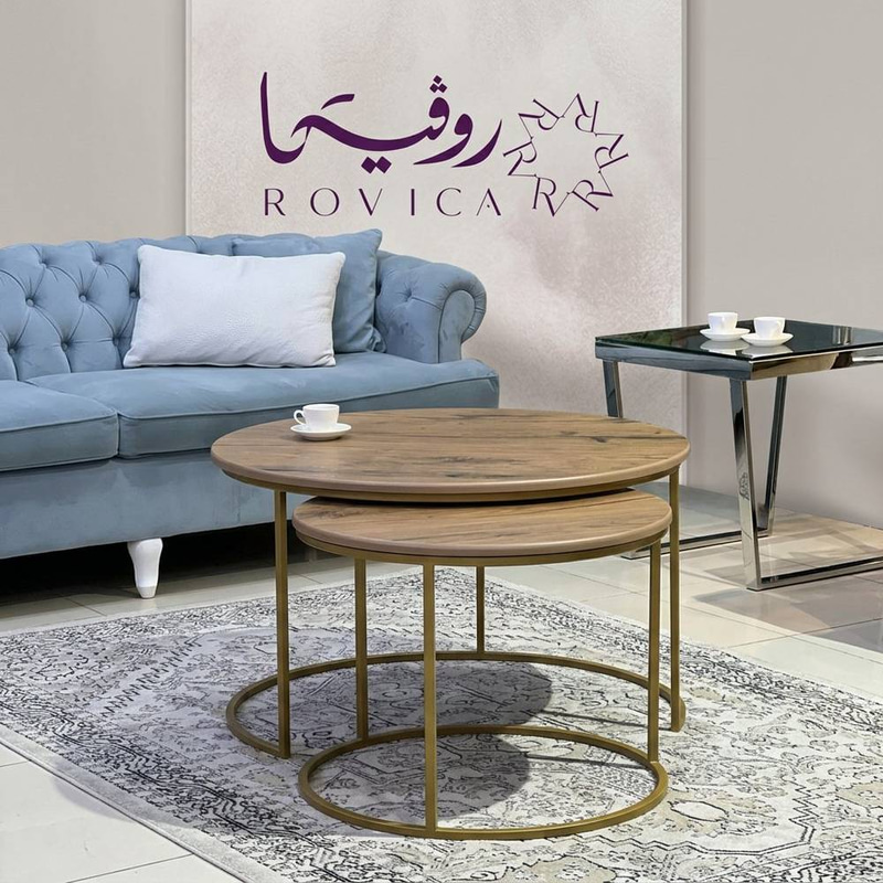 طقم طاولتين سطح خشب شكل رخام بقاعدة ذهبي  Rovica