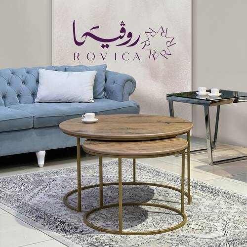 طقم طاولتين سطح خشب شكل رخام بقاعدة ذهبي  Rovica