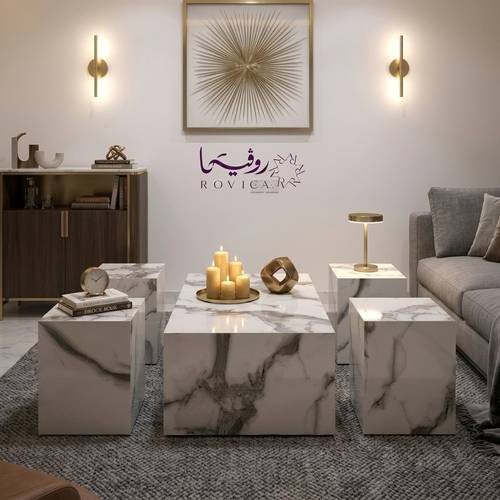 طقم طاولات وسط وخدمة من بديل الرخام – أبيض بعروق رمادية  Rovica