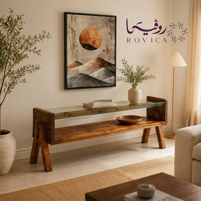 طاولة تلفزيون خشب طبيعي وزجاج   Rovica