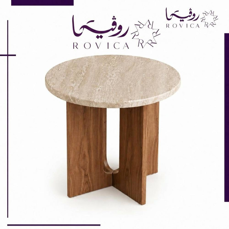 طاولة خدمة رخام ترافنتينو  قاعدة خشب وسطح دائري Rovica