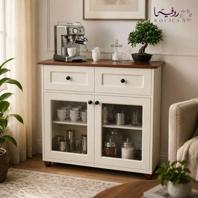 وحدة ركن قهوة أوف وايت بسطح بني وأبواب زجاجية  Rovica