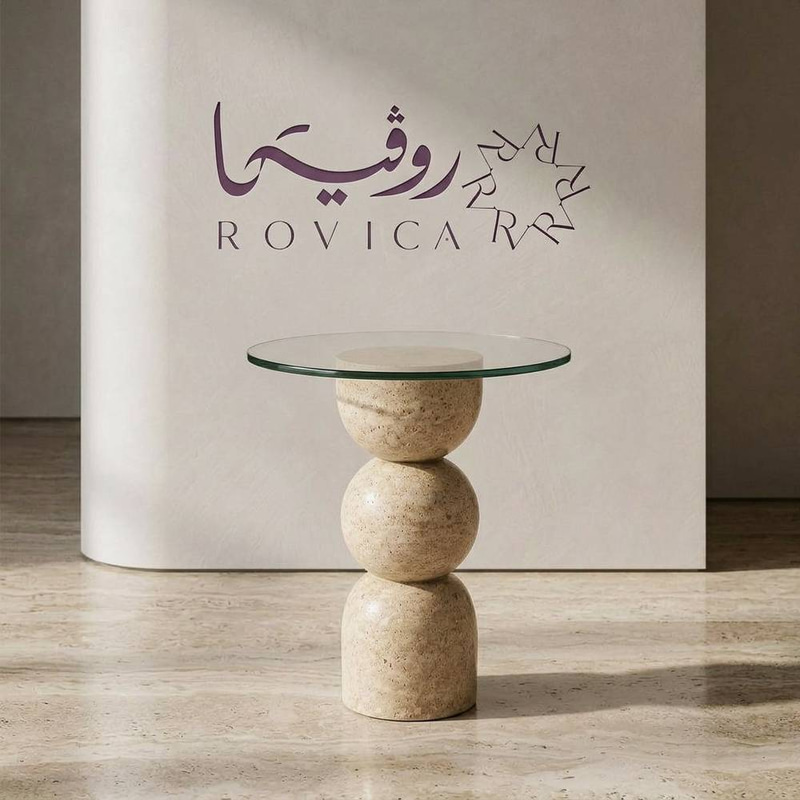 طاولة خدمة رخام ترافنتينو بسطح زجاج Rovica