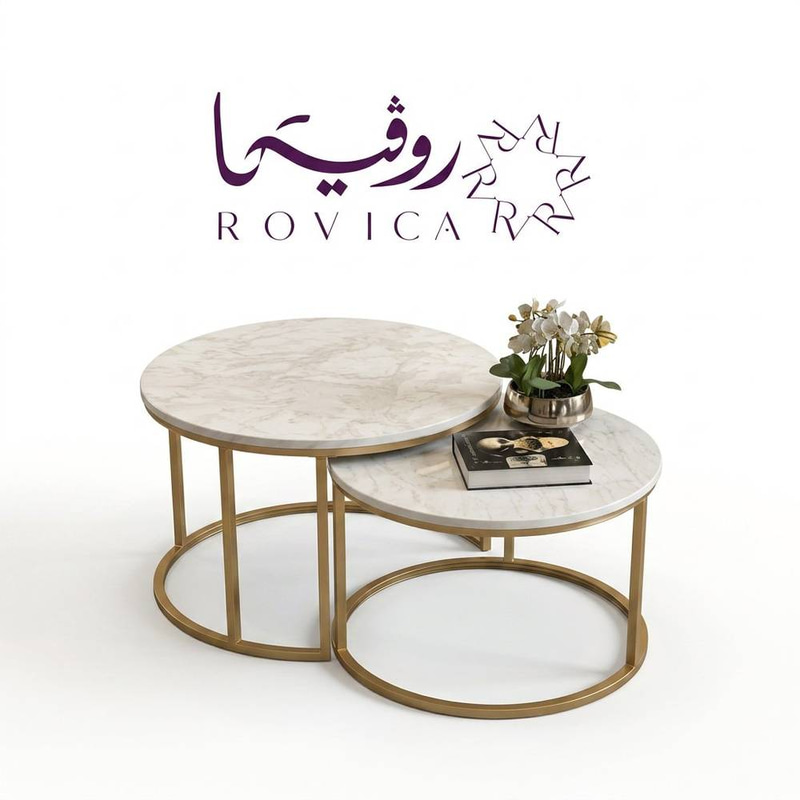 طقم طاولتين سطح خشب شكل رخام لون ذهبي  Rovica