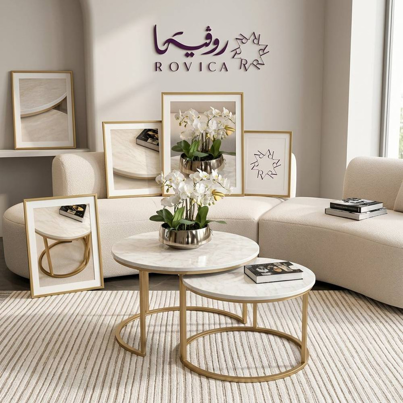 طقم طاولتين سطح خشب شكل رخام لون ذهبي  Rovica